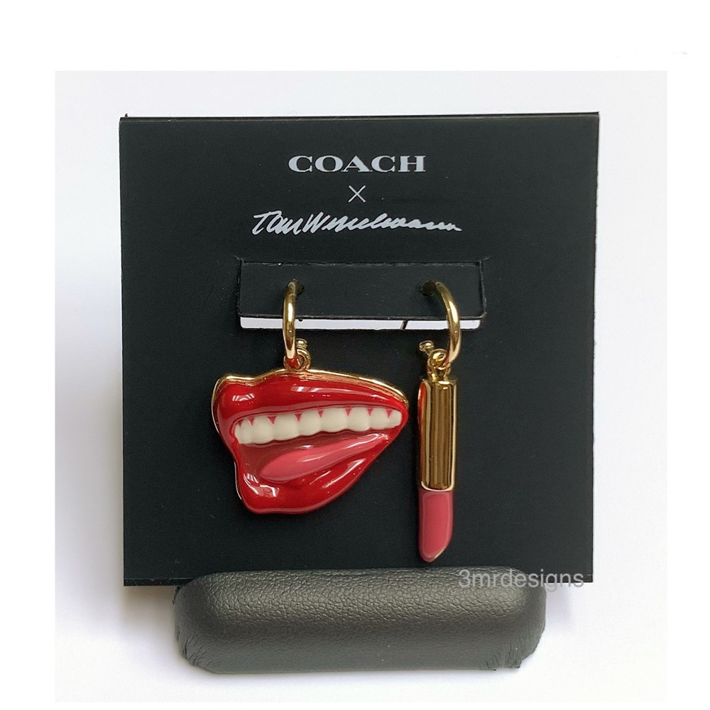NWT Coach X Tom Wesselmann 12-K Gold Plated Lips & Lipstick Huggie Earrings